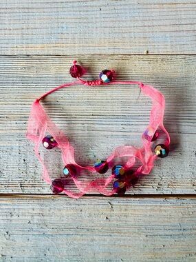 Handmade Pink Ribbon Bracelet Iridescent Beads Adjustable Boho Wrap Style